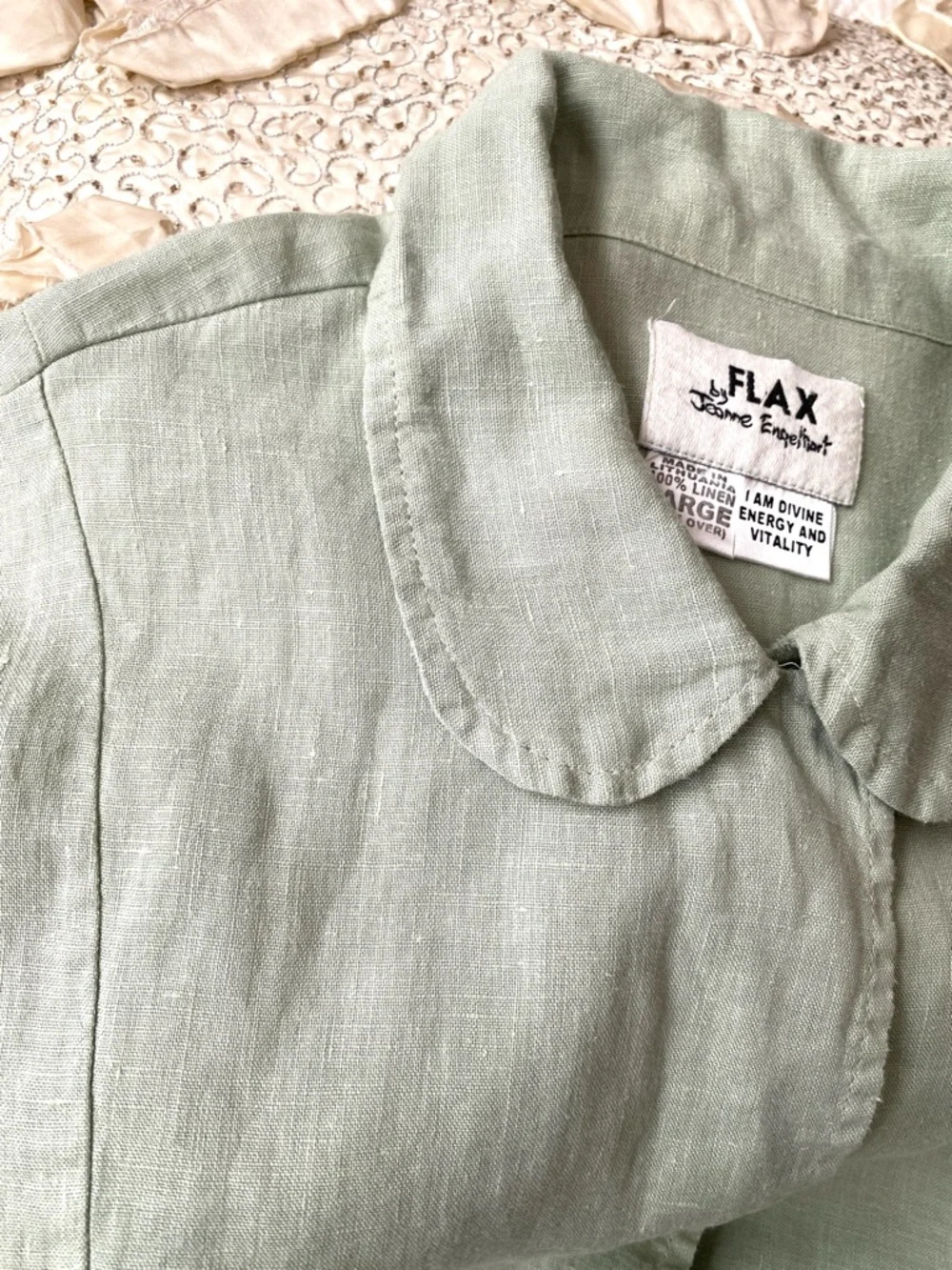 Flax 100% Sage Green Linen Button Front Tunic Shirt Top Long Sleeve Size L - Picture 5 of 16